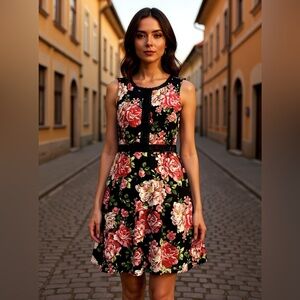 Disney Princess Black and Red Floral Dress‎ NWOT